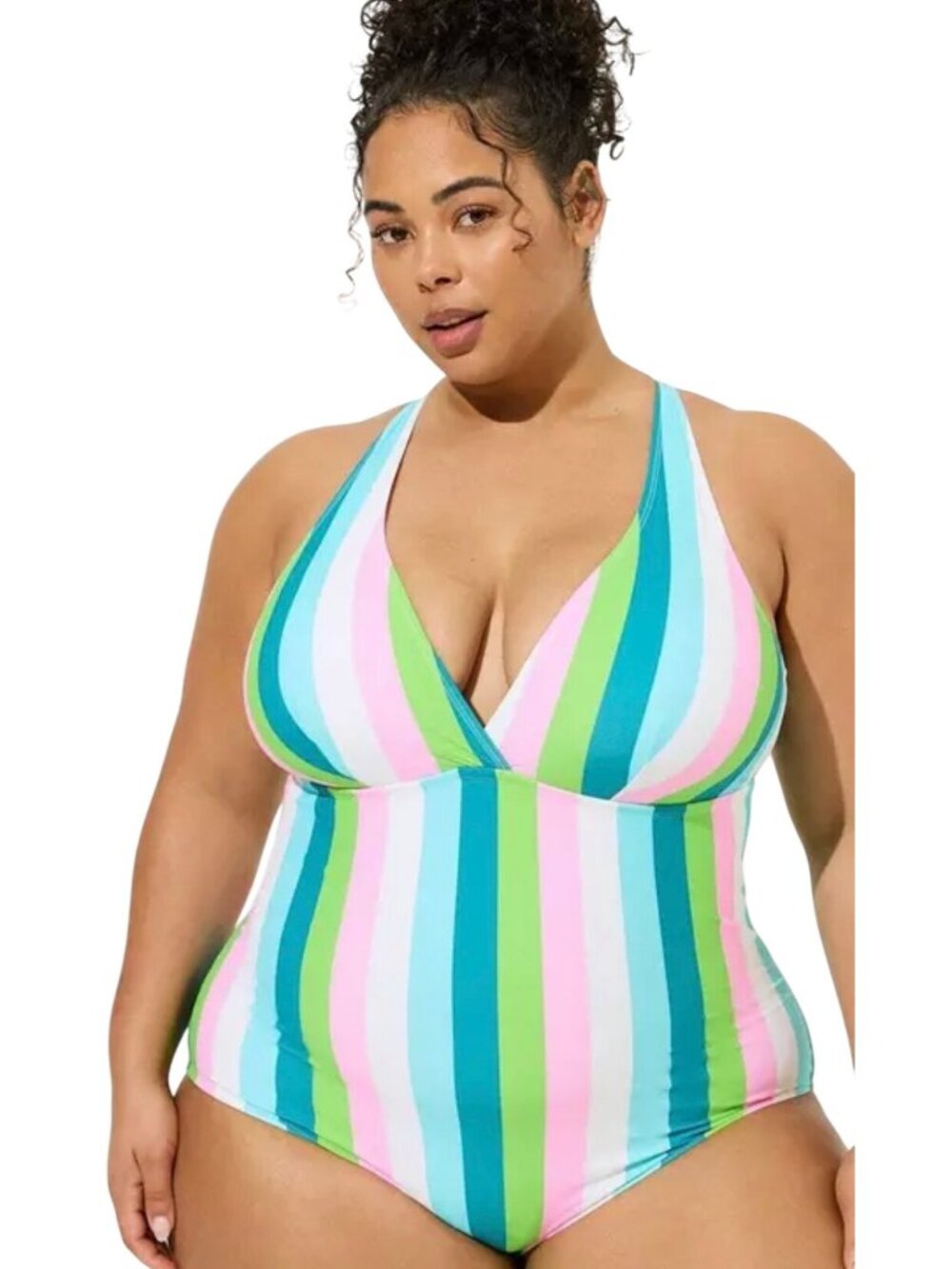 Torrid Wireless Striped One-Piece Swimsuit Green Pink White Soft Cup Size 2X